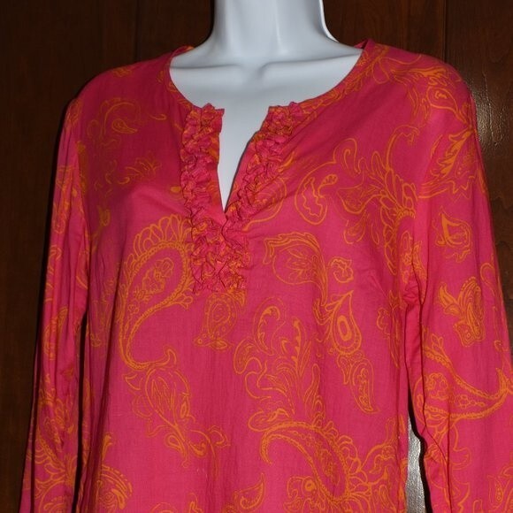J McLaughlin Hot Pink Paisley Blouse Small V Neck Cotton Boho Tunic Top - Picture 2 of 15